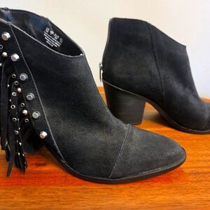 Suede Fringe Studded Black Ankle Heeled Cowboy Boots